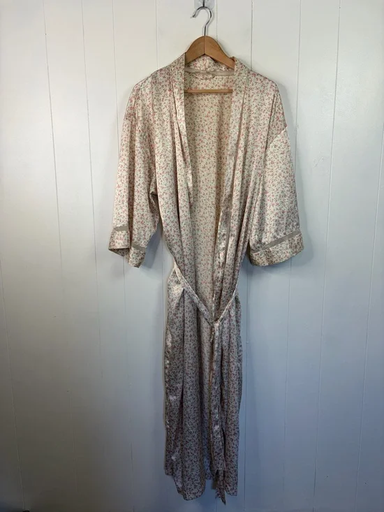 Vintage Cream Pink Rose Satin Kimono Robe Floral Cottagecore Romantic sz medium - Picture 3 of 11